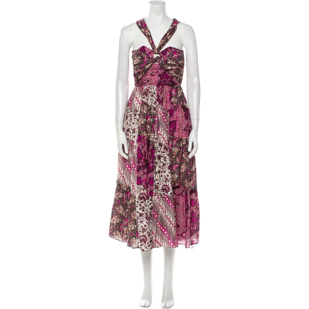 Ulla Johnson Naaila Silk Midi Dress Size 4 Batik Patchwork Keyhole Cutout Pink - Picture 1 of 5